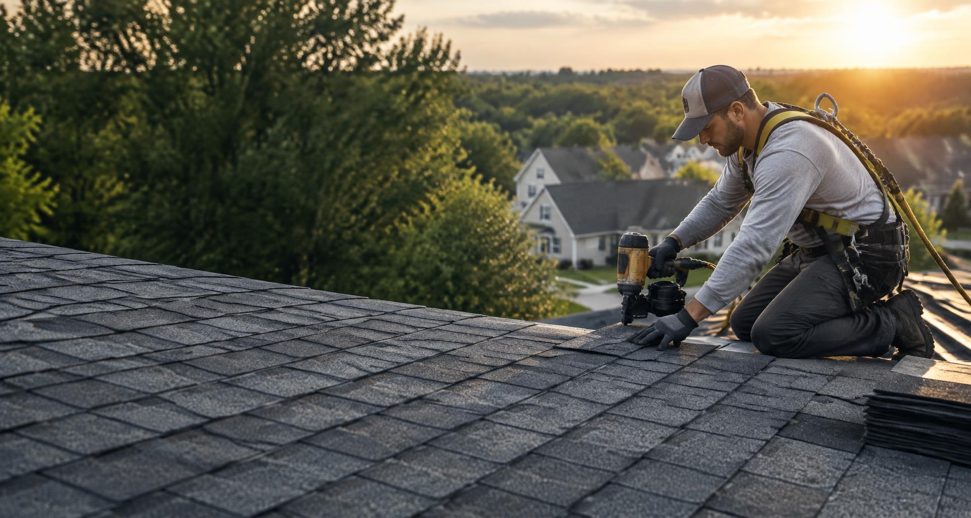 Roofer installing asphalt shingles on a residential roof